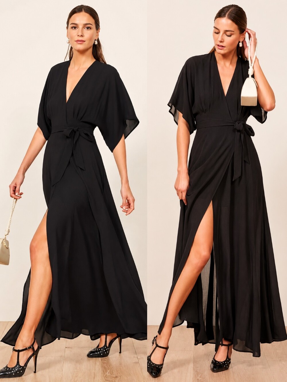 REFORMATION Black Winslow Flowy Sheer Wrap Maxi Dress